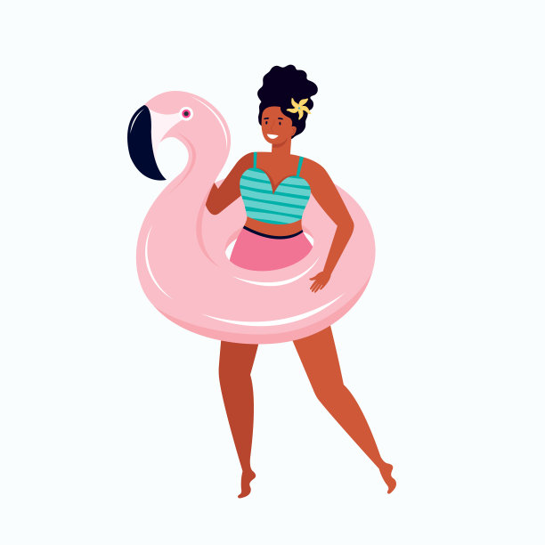 快乐的女人穿着泳衣和一个粉红色的火烈鸟浮动。手绘的卡通女性角色积极度过夏天的时间。给女孩戴上在游泳池或海里游泳的玩具。图片下载