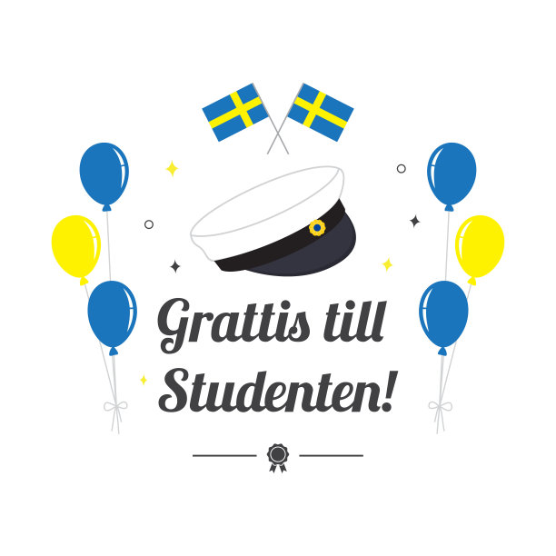 毕业帽与气球和瑞典国旗，贺卡矢量插图。瑞典语:“恭喜毕业!”图片下载