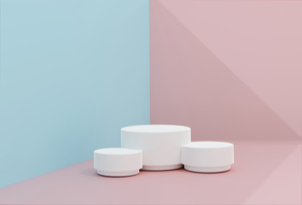 粉蓝简约场景，化妆产品展示平台。抽象背景与几何讲台平台在柔和的颜色。模板设计，展示，广告。3 d演示。渲染图片下载
