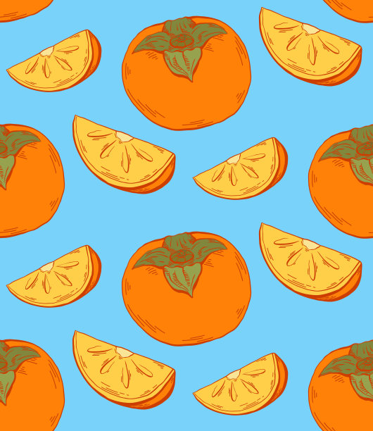 柿子颜色素描无缝轮廓图案上的蓝色背景。有水果和切片的健康食品。矢量彩色纹理图片下载