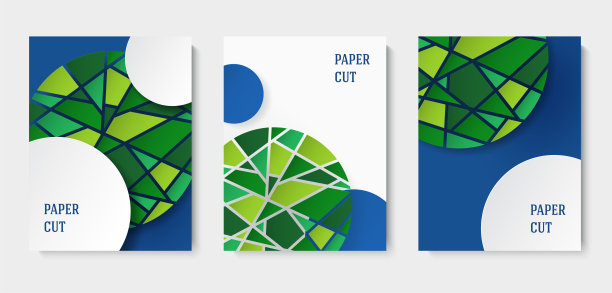 一套抽象的蓝色和白色背景在纸的风格。海报与绿色马赛克元素。文本。向量图片下载