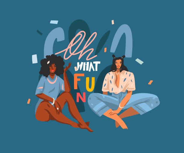 手绘矢量抽象股票平面图形插图与年轻快乐的多民族美女组，和哦whant有趣的手写字母孤立在颜色拼贴形状背景图片下载