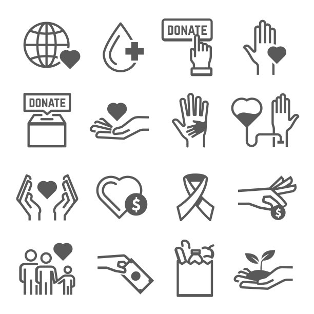 捐赠，慈善工作，慈善事业，仁爱，志愿服务线图标设置孤立的白色。图片下载