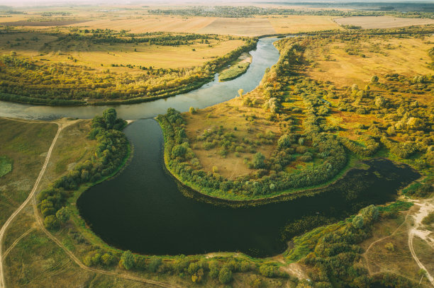 鸟瞰图绿色森林森林和河流景观在夏季的一天。从高处俯瞰美丽的欧洲自然在夏季。无人机的观点。鸟瞰图片下载