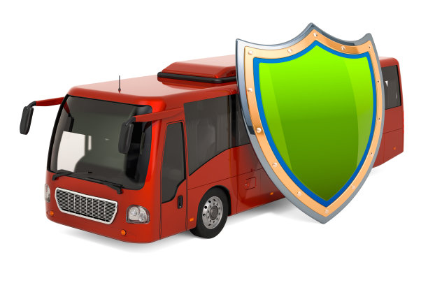 旅客运输保险概念。巴士与盾牌，3D渲染图片下载