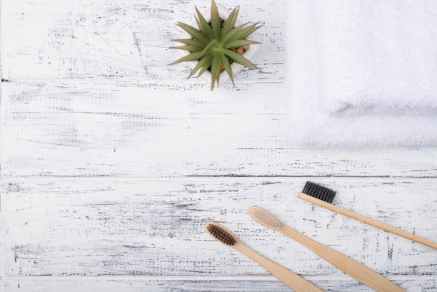 头顶上方的照片，一个竹牙刷和一个多汁的孤立在白色木制背景图片下载