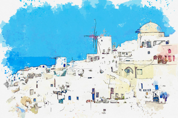 希腊著名岛屿圣托里尼岛或伊亚村的美丽景色。图片下载