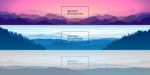 全景矢量风景的集合。简约的背景。宽屏壁纸。抽象的山脉和森林在一个平坦的风格。柔和的颜色素材图片