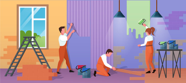 修家服务矢量插图，卡通平面修理工工人对房屋装修工作，油漆墙壁用滚筒，胶水墙纸图片下载