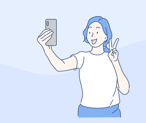 年轻女子站着自拍。友谊与青春观念。手绘细线风格，矢量插图。图片下载