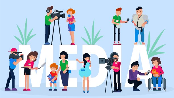 采访媒体电视新闻，矢量插图。记者和记者拿着麦克风，在镜头前进行新闻报道广播。图片下载