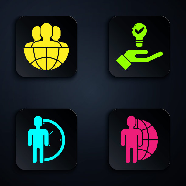 设定地球仪和人，地球仪和人，时间管理和灯泡在手。黑色方形按钮。向量图片下载