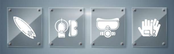 套手套，潜水面具，潜水面具和水环和冲浪板。方形玻璃面板。向量图片下载