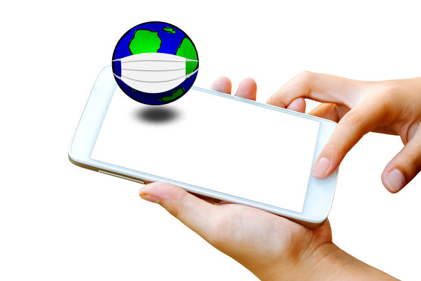 女人的手拉手和智能手机或手机的触摸屏与全球屏幕隔离在白色。图片下载