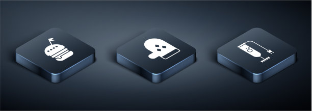 设置等距汉堡搅拌机和烤箱手套图标图片下载