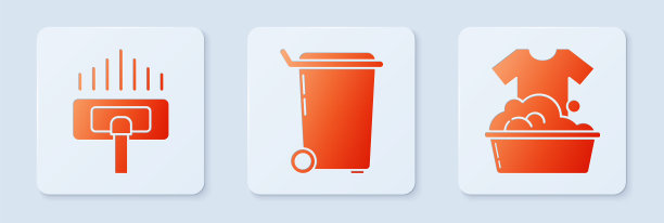 设置垃圾桶，吸尘器和带肥皂泡沫的塑料盆。白色正方形按钮。向量图片下载