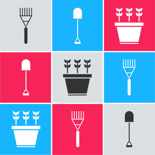 设置花园耙，铲和盆栽图标。向量图片下载