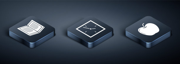 设置等距打开书，苹果和时钟图标。向量图片下载