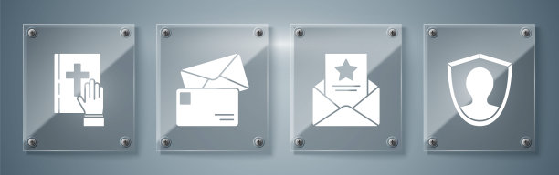 设置用户保护，逮捕证，信封和圣经上的誓言。方形玻璃面板。向量图片下载