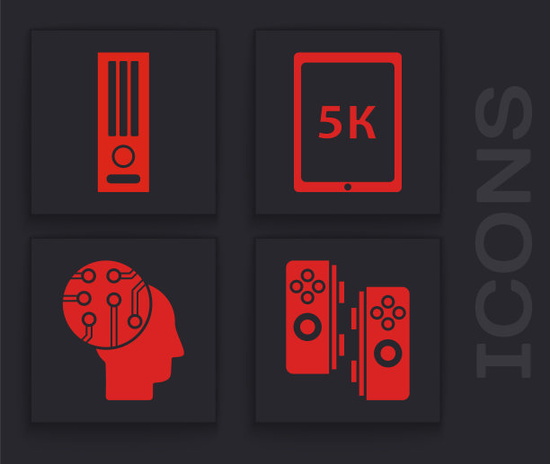 将游戏手柄、视频游戏机、文字5k平板电脑和人脑作为数字电路板图标。向量图片下载