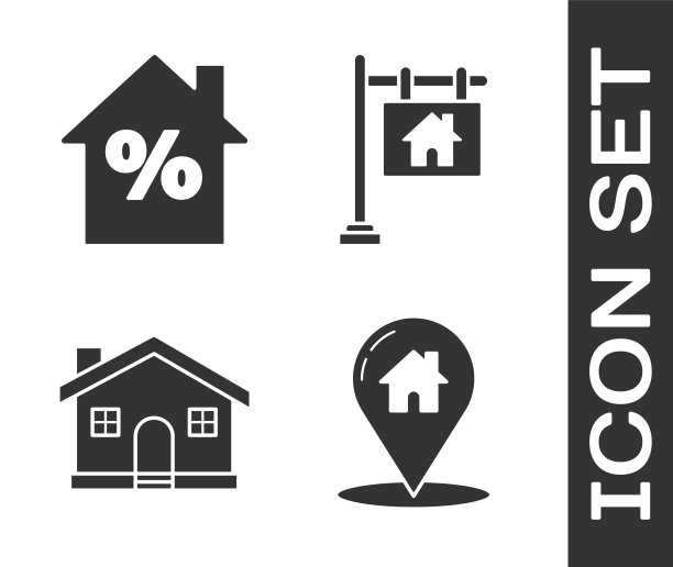 Set Map pointer with house, house with percent discount tag, house and Hanging sign with text Sale图标。向量图片下载