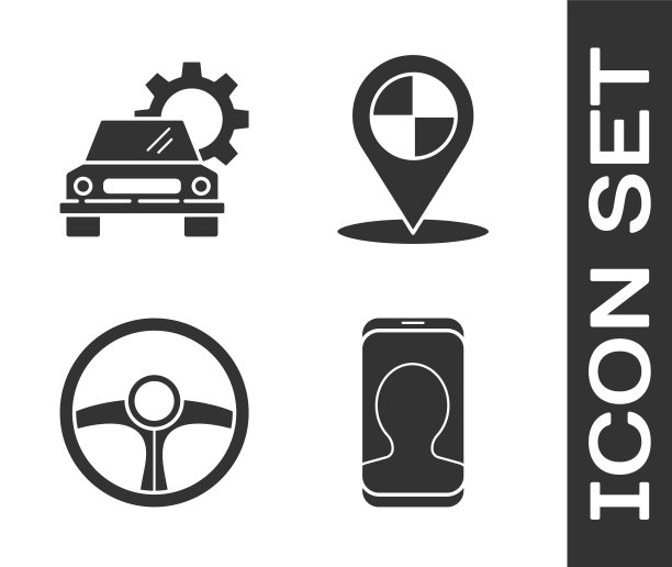 设置出租车呼叫电话服务，汽车服务，方向盘和地图指针与出租车图标。向量图片下载