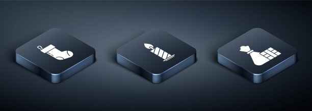 设置等距圣诞袜，礼盒和袋子和燃烧的蜡烛在烛台图标。向量素材图片