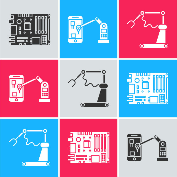 集电子计算机组件主板数字芯片，工业机器机器人手臂手和工业机器机器人手臂手工厂图标。向量图片下载