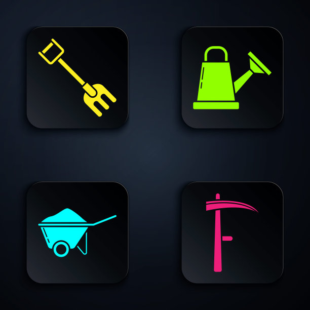 设置镰刀，花园耙，手推车与泥土和喷壶。黑色方形按钮。向量图片下载