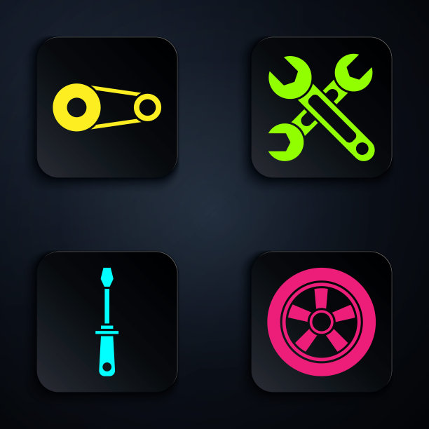 汽车车轮，同步带套件，螺丝刀和扳手。黑色方形按钮。向量图片下载