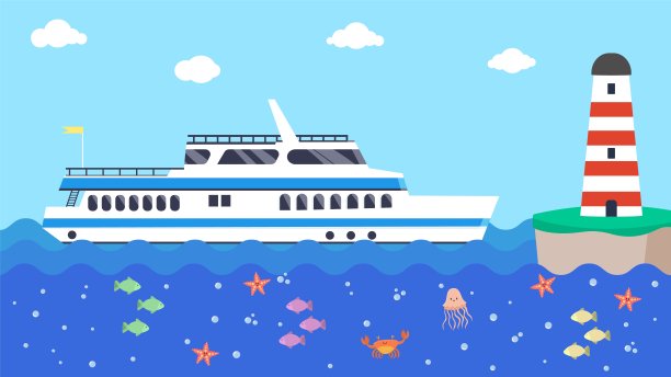 海上灯塔附近的游船，矢量图。船在卡通海洋中遨游，浪水海洋。假期的蓝色背景图片下载