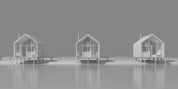 湖边谷仓风格农舍鸟瞰概念图（3D插画）图片下载