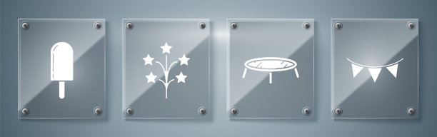 在狂欢节的花环上放置旗帜、蹦床、烟花和冰淇淋。方形玻璃面板。向量图片下载