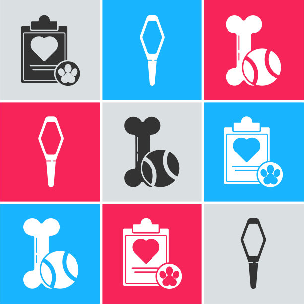 设置剪贴板与医疗临床记录宠物，宠物药瓶医疗和宠物玩具骨橡胶和球图标。向量图片下载