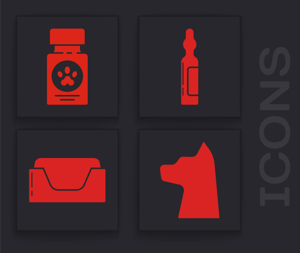 设置猫，狗药瓶和药丸，宠物药瓶和宠物床图标。向量图片下载