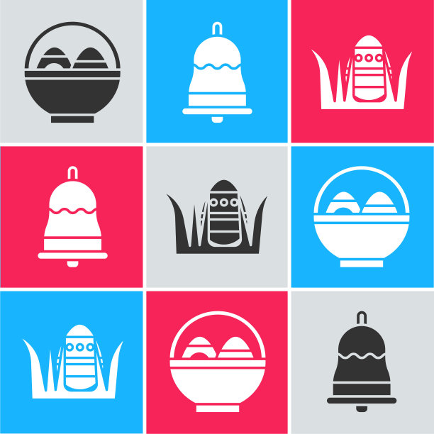 篮子与复活节彩蛋，摇铃和复活节彩蛋图标。向量图片下载