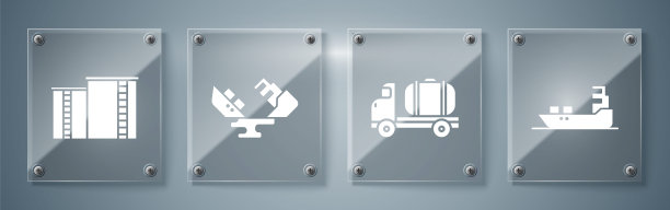 石油：油轮、罐车、损坏的油轮与工业厂房。方形玻璃面板矢量图图片下载