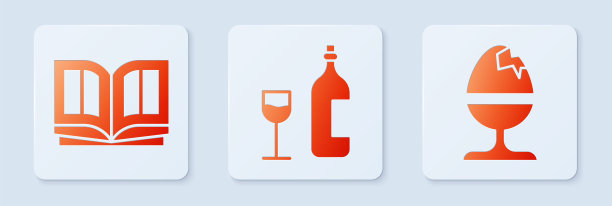 把酒瓶、玻璃杯、圣经和鸡蛋放在架子上。白色正方形按钮。向量图片下载