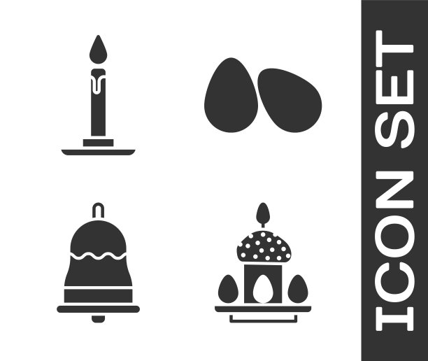 设置复活节蛋糕和彩蛋，烛台上燃烧的蜡烛，铃铛和复活节彩蛋图标。向量图片下载
