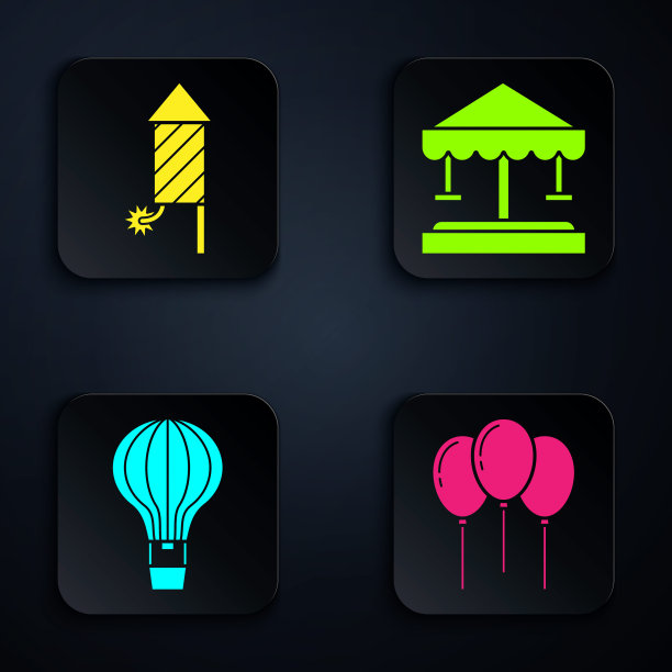 气球与丝带，烟花火箭，热气球和吸引旋转木马。黑色方形按钮。向量图片下载