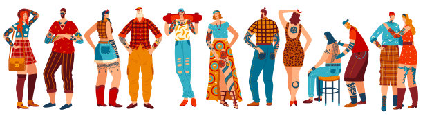 有纹身的人，一套卡通人物孤立在白色，手绘的男人和女人，矢量插图图片下载