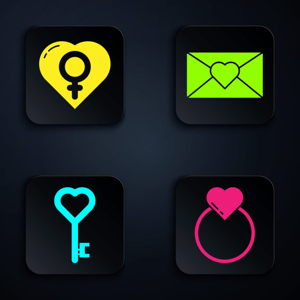 3月8日，结婚戒指，心形性别，心形钥匙和信封。黑色方形按钮。向量图片下载