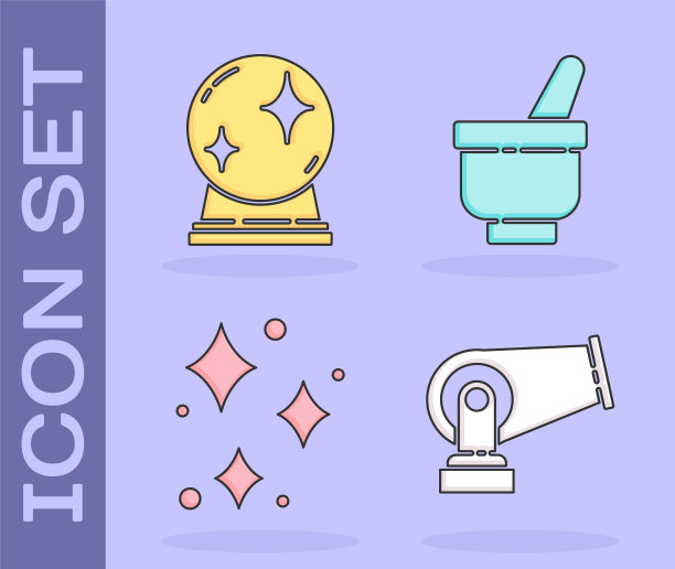 Set Cannon, Magic ball, Sparkle stars with magical glitter and Magic mortar and pestle icon。向量图片下载