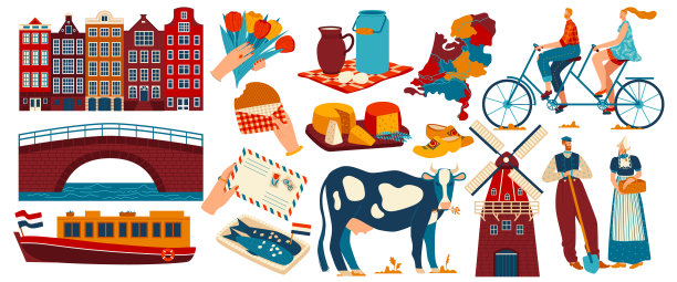 荷兰荷兰旅游旅游图标集阿姆斯特丹建筑建筑、景点、著名游客地标矢量插图。图片下载