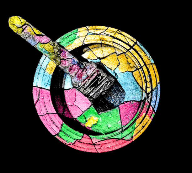 一个多色的油漆罐和油漆刷，直接从上面看，周围是黑色的背景图片下载