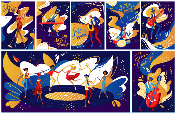 人们在爵士乐队演奏音乐，在音乐节上歌手和乐器表演卡通矢量插图。图片下载