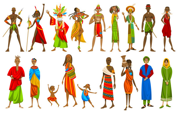 穿着传统服装的非洲部落民族人物卡通角色矢量图图片下载