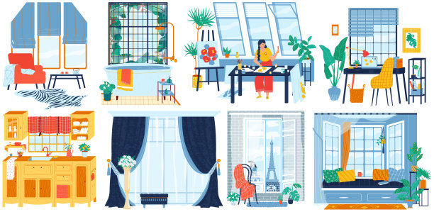 不同室内的窗户，家庭房间，酒店公寓，艺术家工作室和现代办公室，矢量插图图片下载