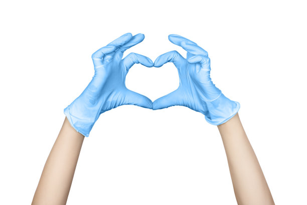 递上蓝色乳胶一次性手套，白色背景上显示心脏征孤立。图片下载
