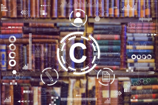 版权概念与标志和链接的背景上的抽象图形和图书馆与书籍。素材图片